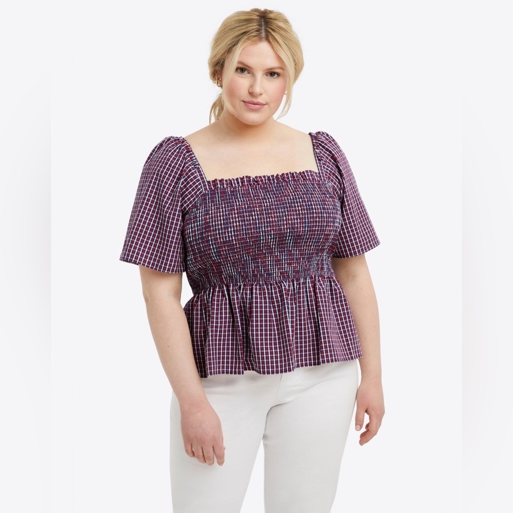 Draper James Purple Check Smocked Peplum Blouse